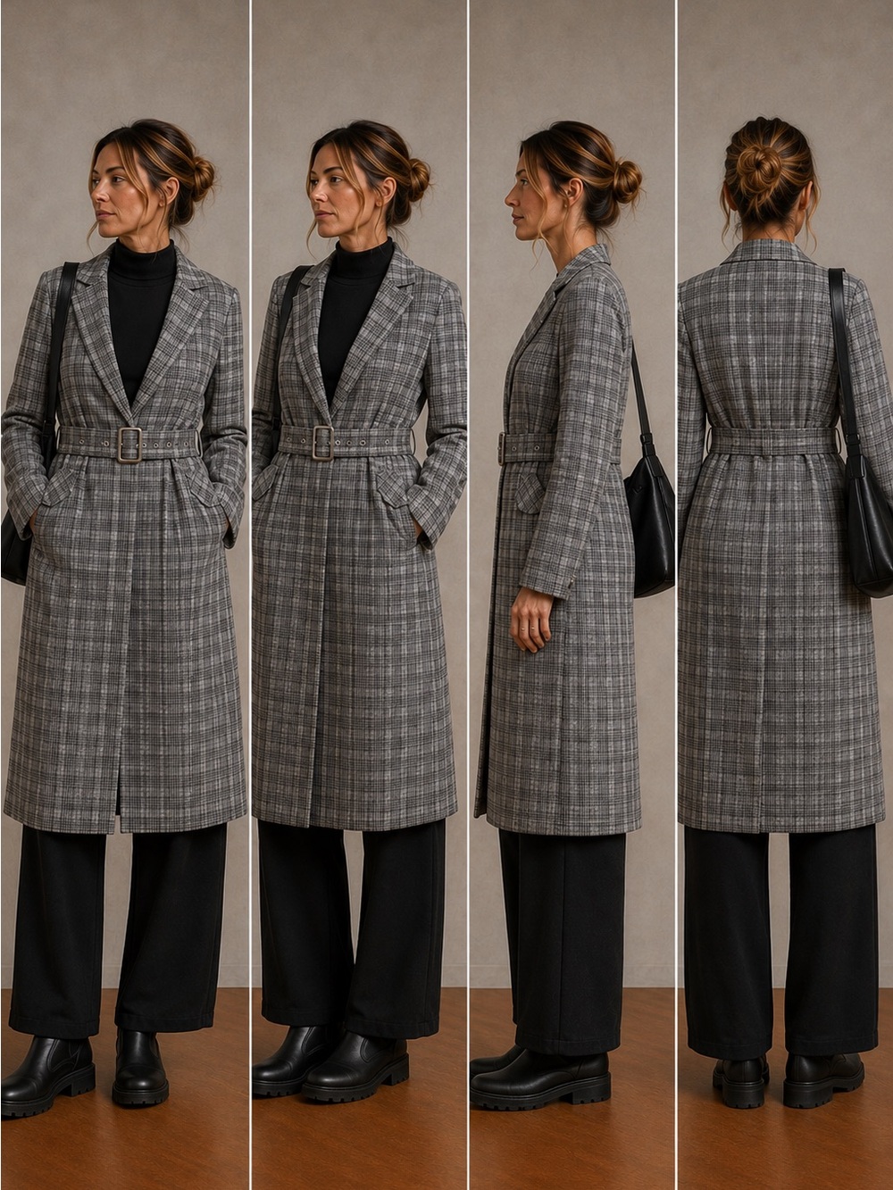 Mo&co designer long gray plaid trench coat blazer belt waist - medium